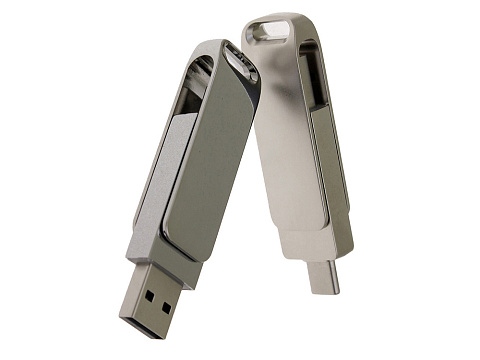 USB 3.0- флешка на 64 Гб поворотный механизм 2 в 1, c дополнительным разъемом Type-C с одноцветным металлическим клипом, серый - рис 4.