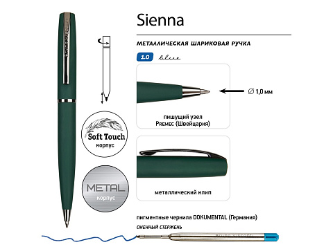 Ручка Sienna шариковая  автоматическая, зеленый металлический корпус soft-touch, 1.0 мм, синяя - рис 3.