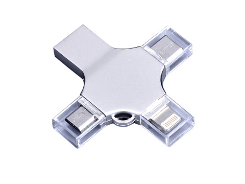 USB-флешка на 64 Гб 4 в 1 поворотный механизм, c дополнительными разъемами MicroUSB, TypeC и Lightning, серебристый - рис 2.