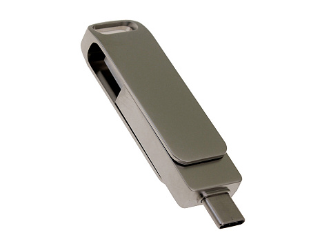 USB 3.0- флешка на 64 Гб поворотный механизм 2 в 1, c дополнительным разъемом Type-C с одноцветным металлическим клипом, серый - рис 2.