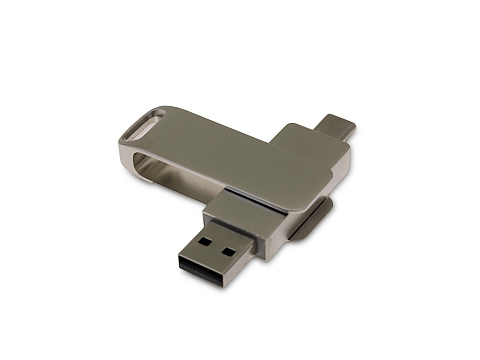 USB 2.0- флешка на 32 Гб поворотный механизм 2 в 1, c дополнительным разъемом Type-C с одноцветным металлическим клипом, серый