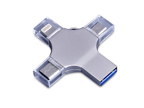 USB-флешка на 128 Гб 4 в 1 поворотный механизм, c дополнительными разъемами MicroUSB, TypeC и Lightning, серебристый